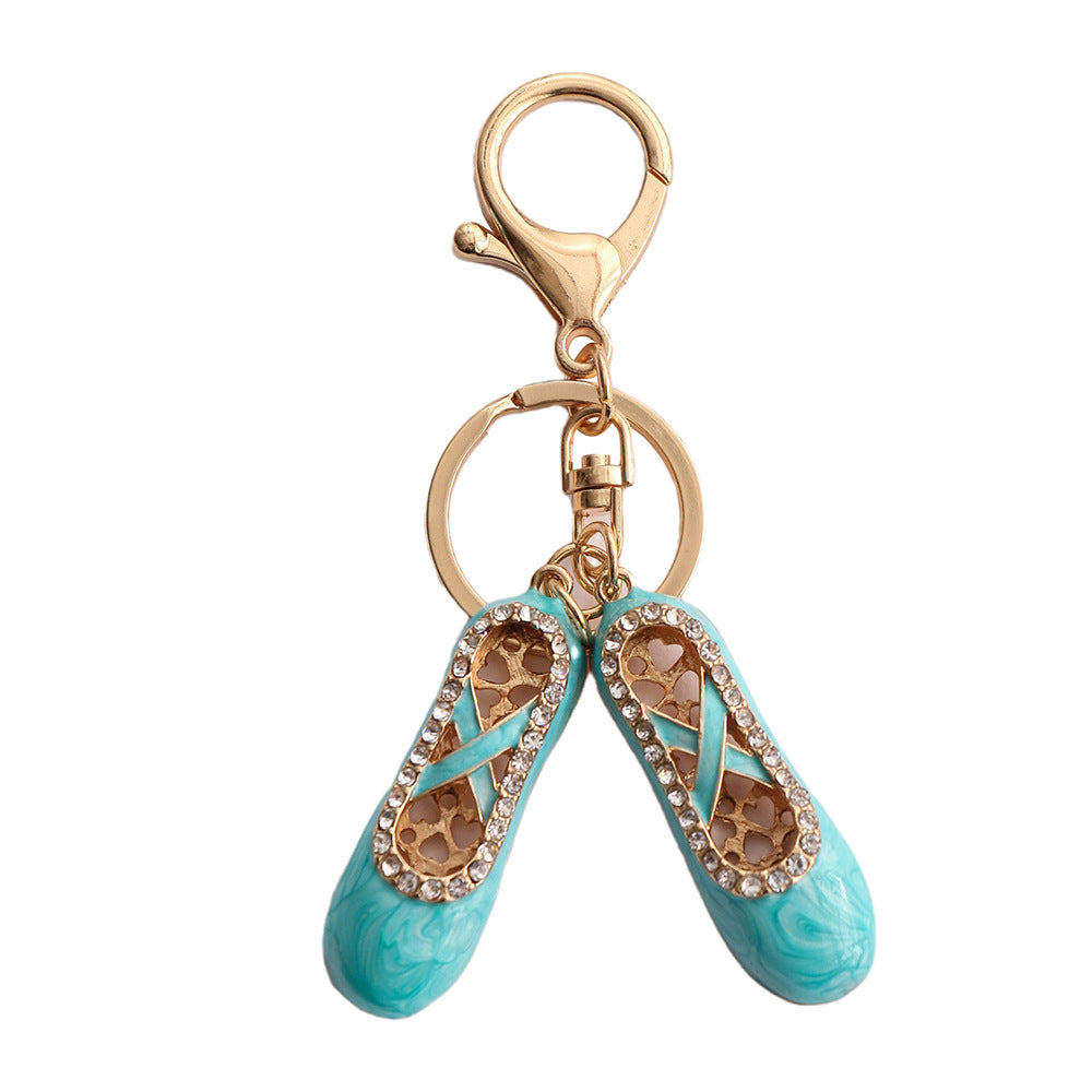 Alloy Ballet Shoes Keychain Marbled Turquoise Rhinestone Hearts