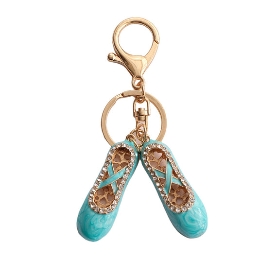 Alloy Ballet Shoes Keychain Marbled Turquoise Rhinestone Hearts