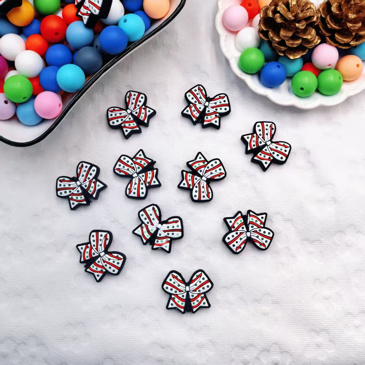 Silicone Focal Beads Bow White Spot Outline Colorful Spots 20pcs 3