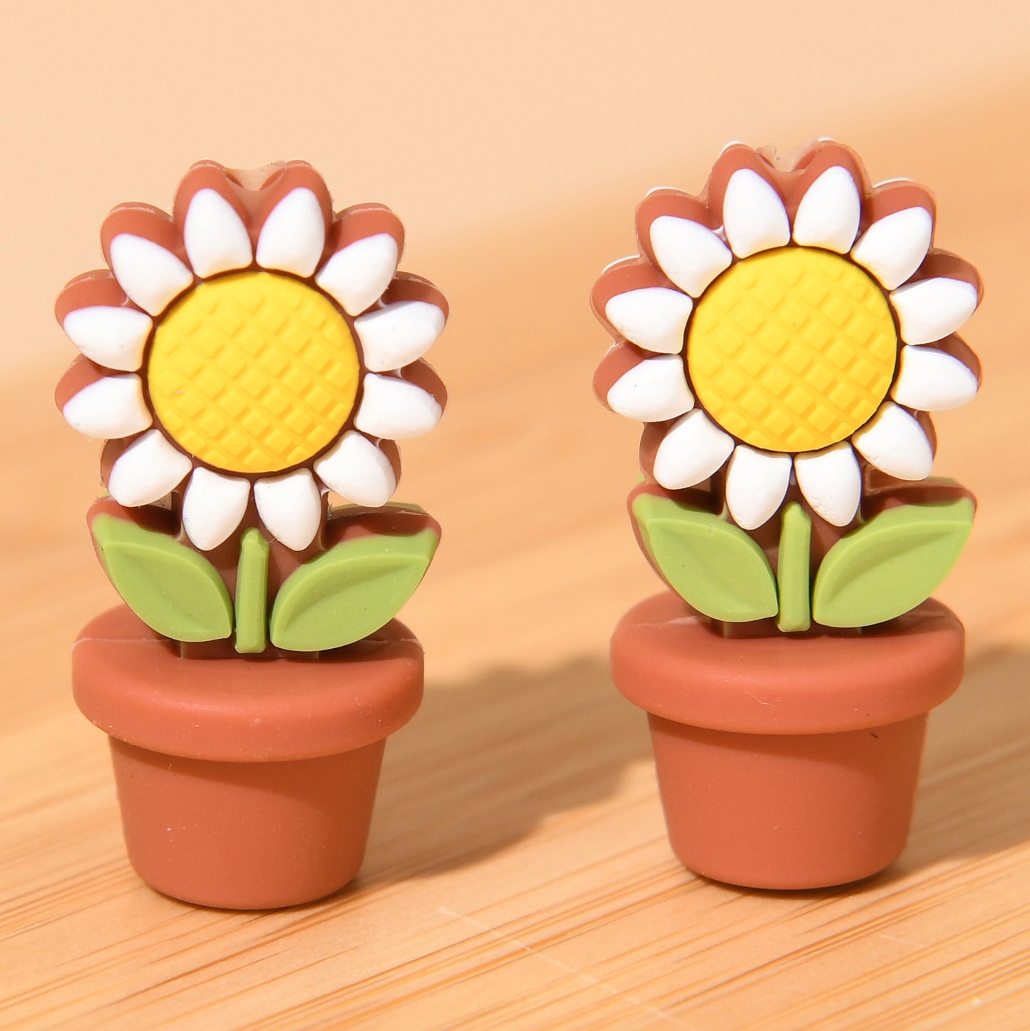 Silicone Focal Beads Sunflower Flowerpot Brown Pot Yellow Flower 20pcs 12
