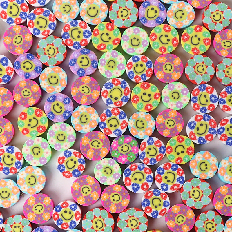 Flat Clay Beads 9mm Colorful Floral Smiling Face 100pcs 6