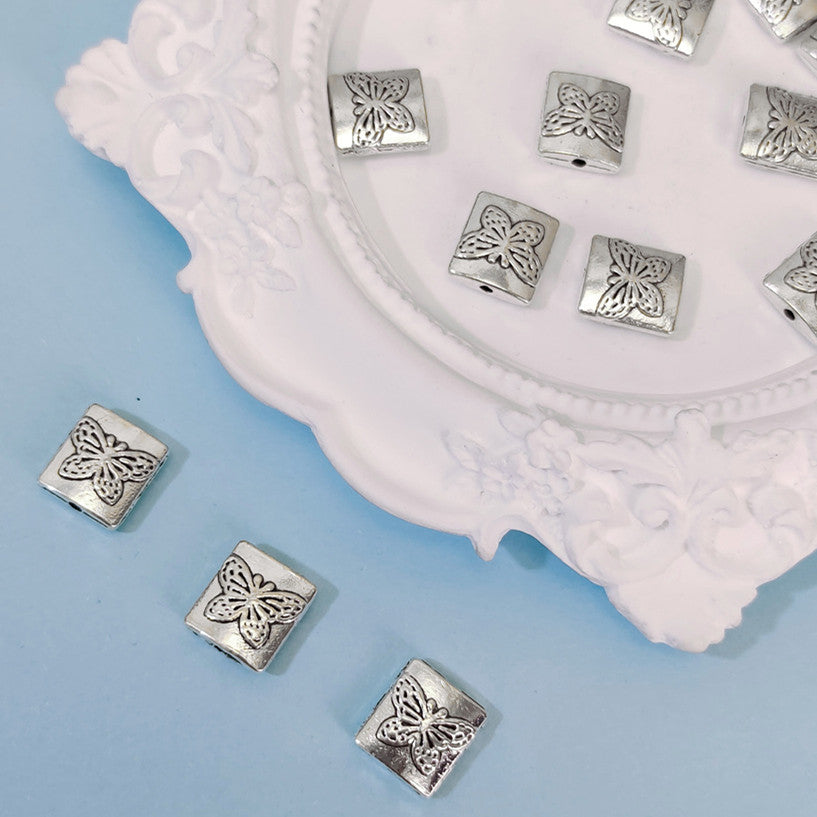 Square Metal Beads 10mm Butterfly Pattern Antique Silver Tone 100pcs