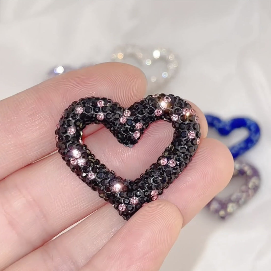 Shimmer Hollow Heart Frame Polymer Clay Rhinestone Beads 32mm 6pcs 8