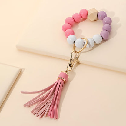Wooden Beads Tassel Wristlet Keychain Natural Texture Pastel Colors 6
