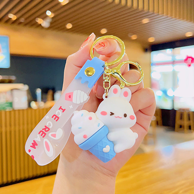 Soft Rubber Bunny Ice Cream Keychain Cute Pastel Colors 8