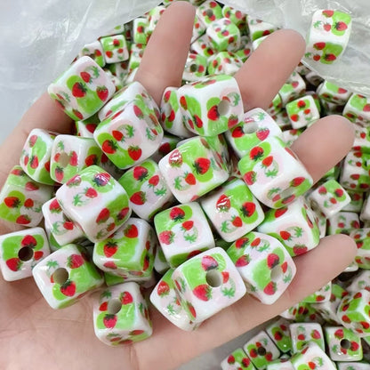 Pink Strawberry Printed Acrylic Square Beads 14mm 50pcs 9