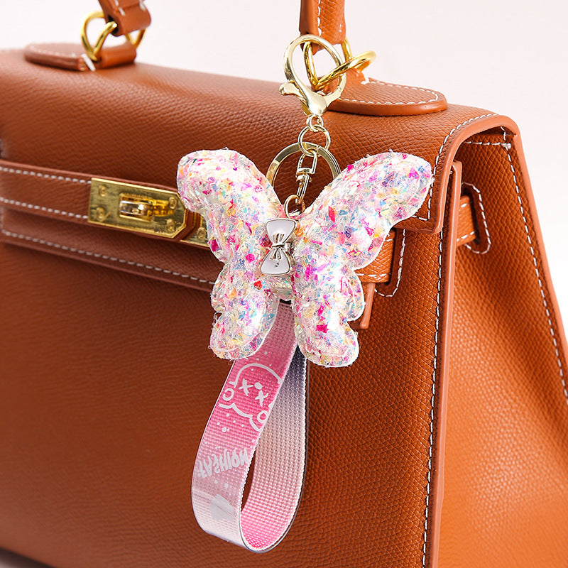Sequin Butterfly Keychain Iridescent Wings Pink Black Strap 2