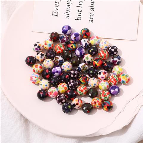 Japanese Vintage Showa Printed Resin Beads 10/12mm Glossy Floral 15pcs 4