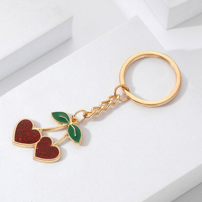 Vintage Alloy Cherry Keychain Glossy Red Heart Charm 4
