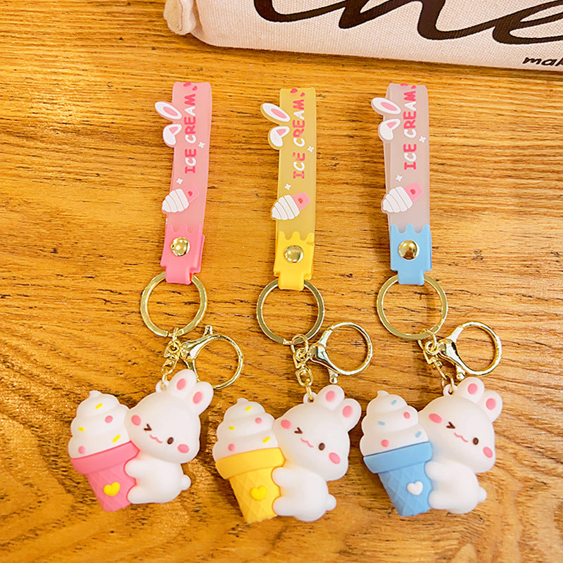 Soft Rubber Bunny Ice Cream Keychain Cute Pastel Colors 2