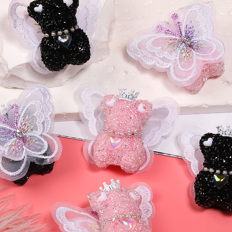 Winged Little Bear Rhinestone Beads 25x41mm Sparkling Lace Wings 5pcs 5
