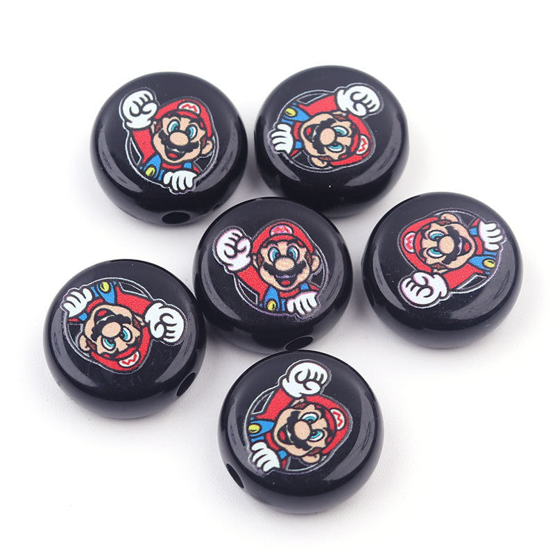 Flat Round Acrylic Beads 17mm Mario Print Colorful 50pcs 7