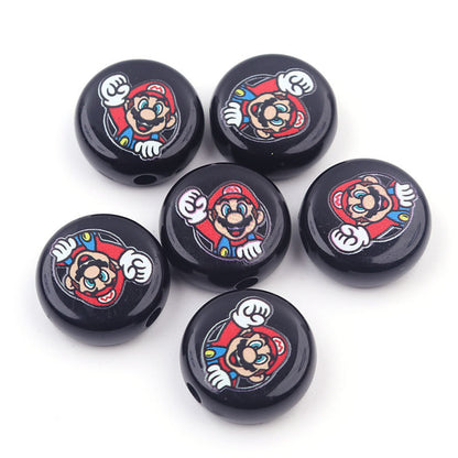 Flat Round Acrylic Beads 17mm Mario Print Colorful 50pcs 7