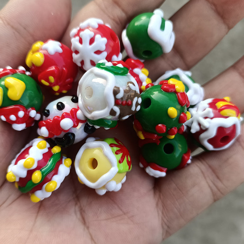 Hand Painted Round Acrylic Beads 16mm Christmas Theme 100pcs 3