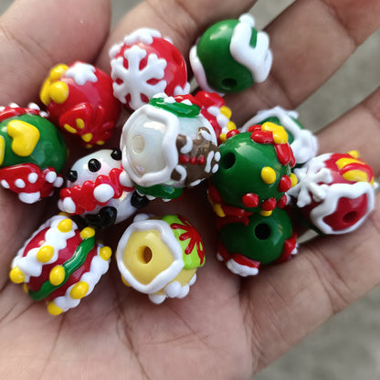 Hand Painted Round Acrylic Beads 16mm Christmas Theme 100pcs 3