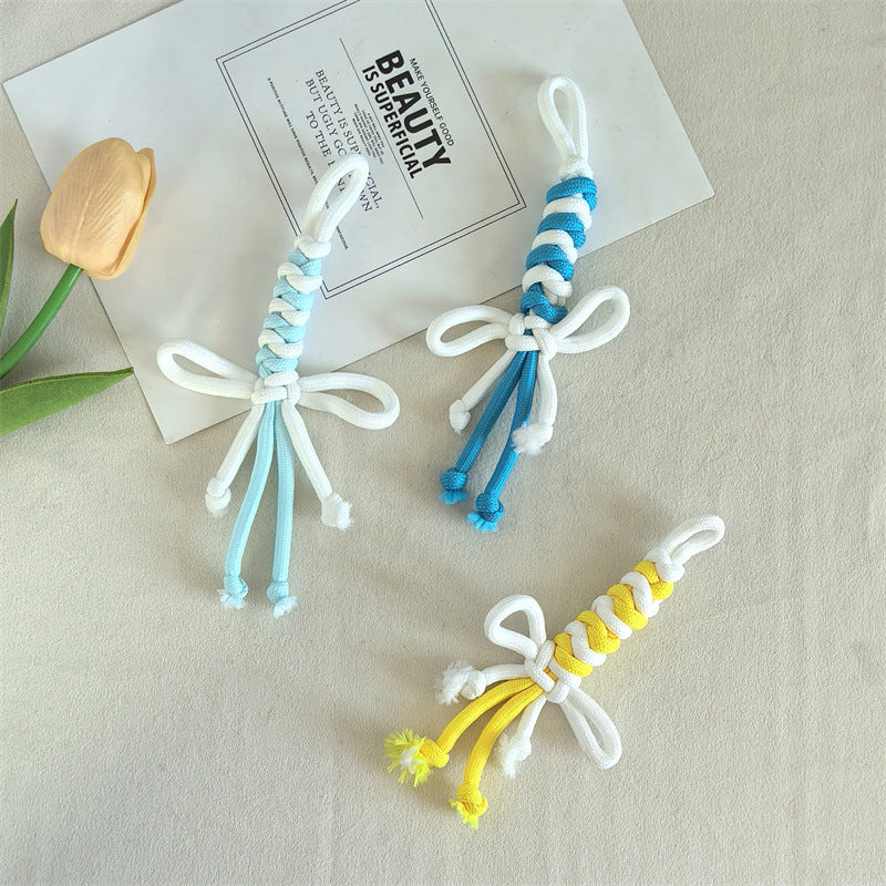 Dual Color Rope Braided Bow Crochet Keychain Polyester 4pcs 75mm 3