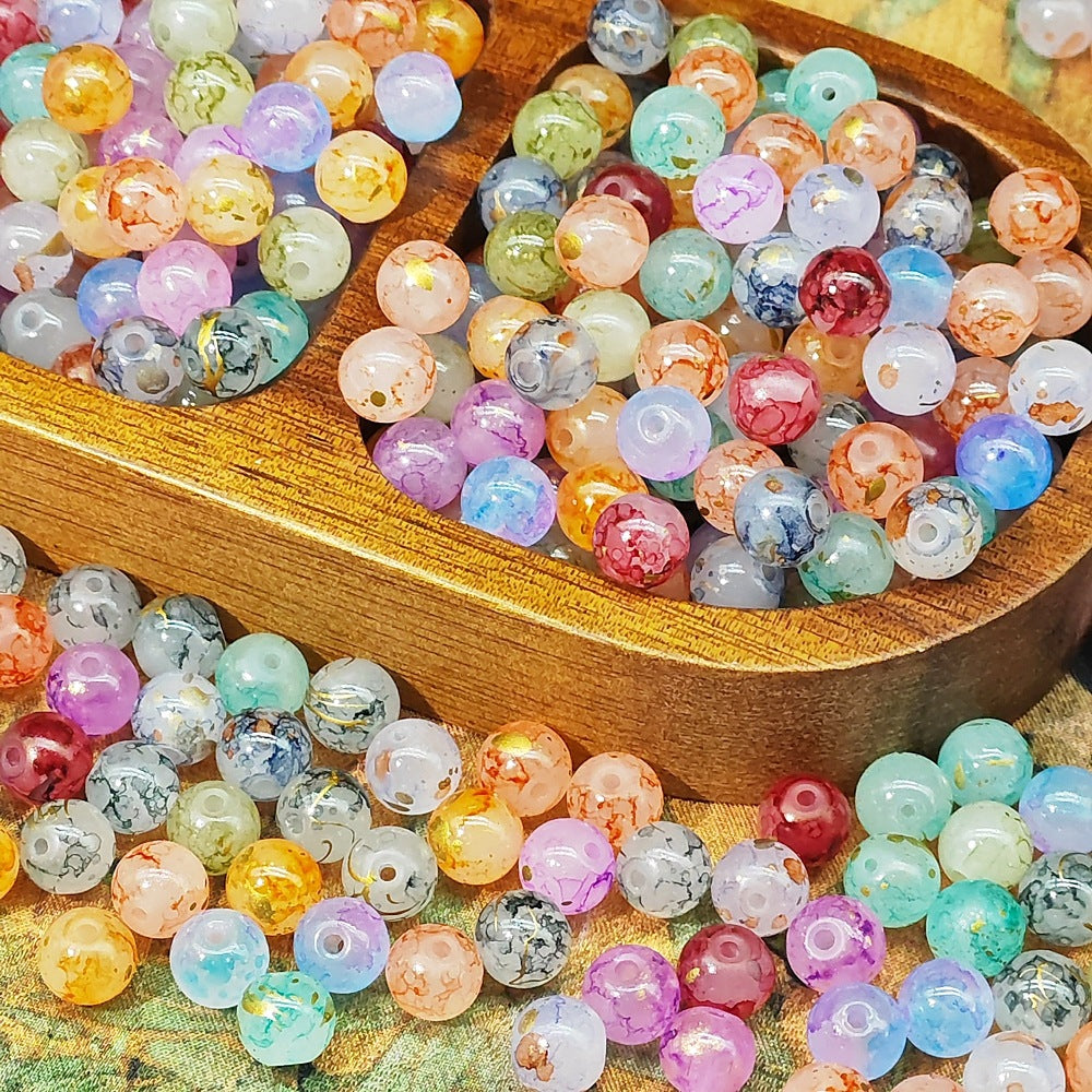 Frosted Round Glass Beads 8mm Marbled Soft Matte Gold Veining 50pcs 5