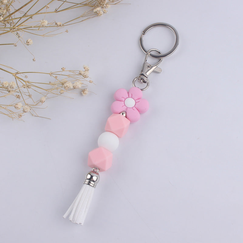 Flower Silicone Bead Keychain Colorful Floral Tassel Charm 6