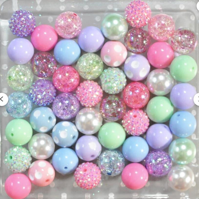 Bubblegum Beads 20mm Light Pink Blue Green Glitter Rhinestone Chunky Mix 50pcs 3