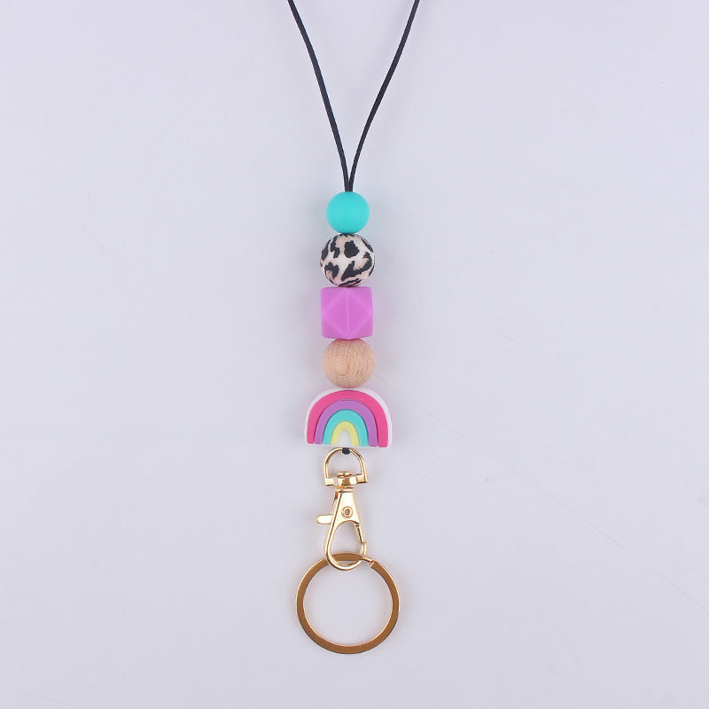 Silicone Rainbow Beaded Keychain Necklace with Leopard Print Accent 5