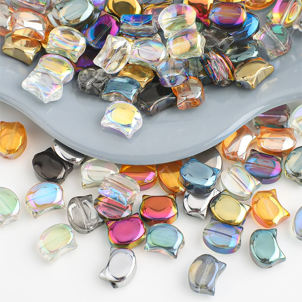 Plating Flat Cat Head Glass Beads 8mm x 10mm Iridescent Colors 30pcs 2