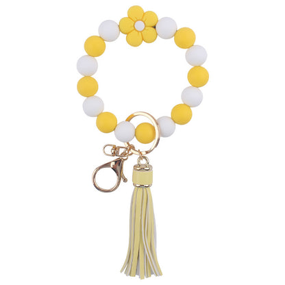 Colorful Flower Silicone Bead Wristlet Keychain with Leather Tassel 14