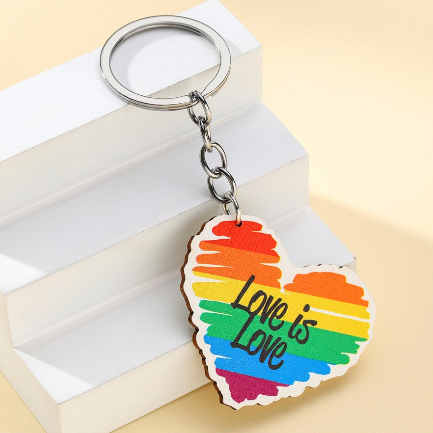 Wooden Rainbow Heart Keychain Love is Love Natural Texture 4