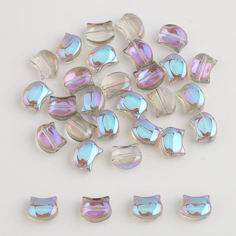 Plating Flat Cat Head Glass Beads 8mm x 10mm Iridescent Colors 30pcs 19