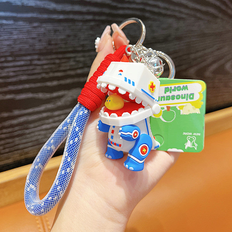 Soft Rubber Dinosaur Keychain with Open Jaw and Yellow Duck Charm 8