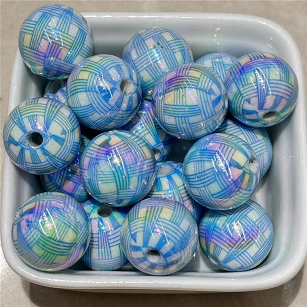 Plating Round Acrylic Beads 16mm UV Woven Plaid Pattern 100pcs 9