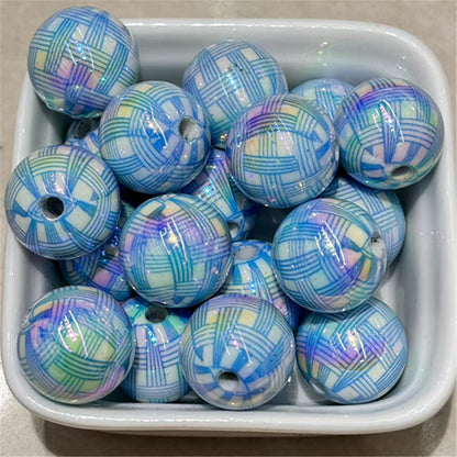 Plating Round Acrylic Beads 16mm UV Woven Plaid Pattern 100pcs 9