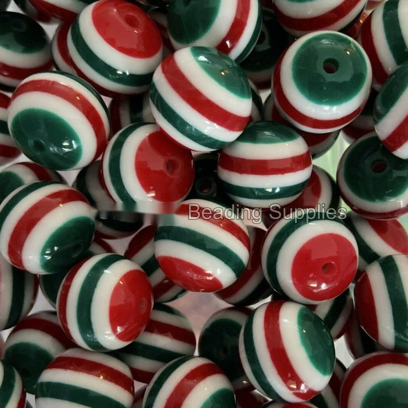 Striped Bubblegum Beads 20mm Chunky Christmas Red White Green 10pcs