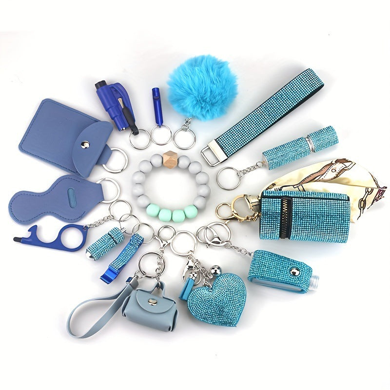 Self Defense Keychain Set Rhinestone Pom Pom Metal 15pcs 9