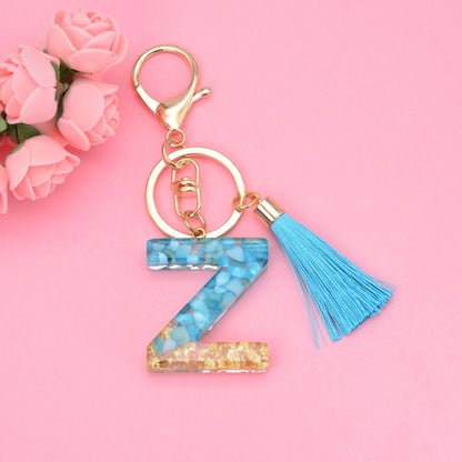 Blue Resin Tassel Monogram Keychain with Gold Flake Accent 54