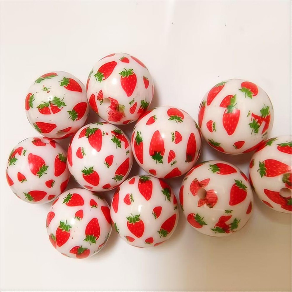 Printed Bubblegum Beads 20mm Full Strawberry Design 10pcs 3