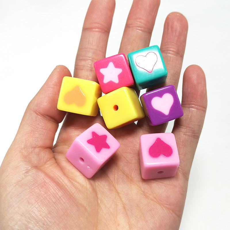 Square Acrylic Beads 11mm Solid Color Heart Star Pattern 20pcs 2