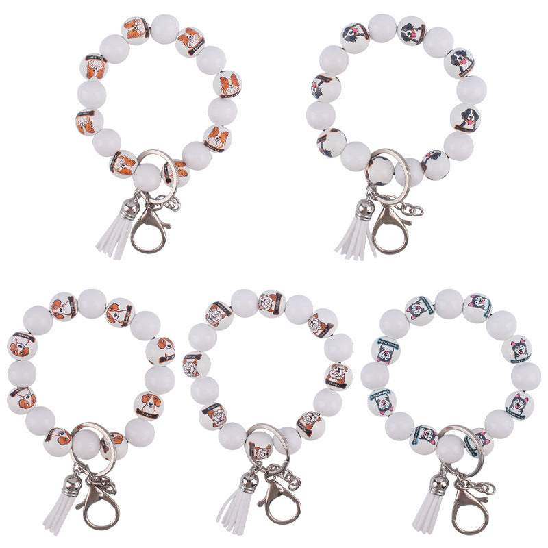 Wooden Dog Silicone Bead Tassel Wristlet Keychain Pomeranian Husky Beagle Bulldog