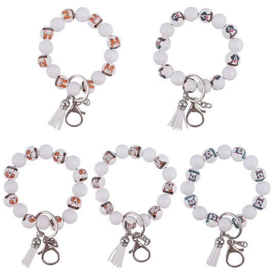 Wooden Dog Silicone Bead Tassel Wristlet Keychain Pomeranian Husky Beagle Bulldog