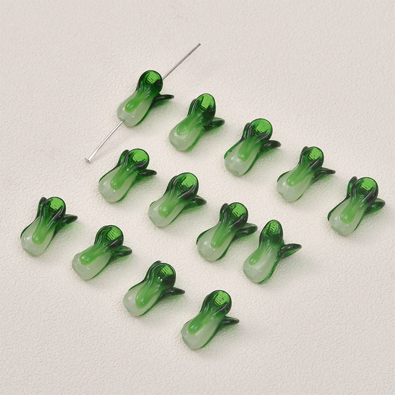 Lampwork Glass Beads 3D Bok Choy Shape Glossy Green White 20pcs
