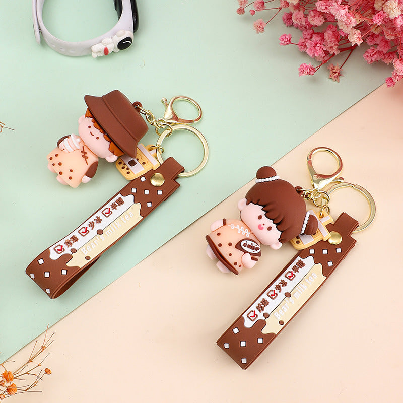 Silicone Cartoon Couple Keychain Bubble Tea Bear Charm with Strap 4