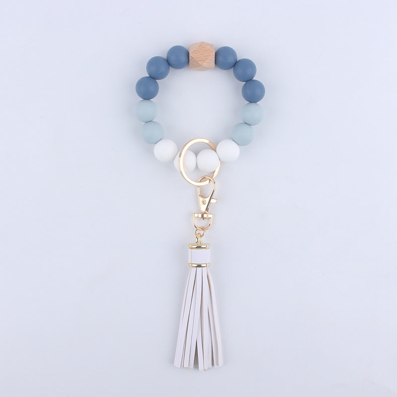 Silicone Beaded Wristlet Keychain with Wooden Beads and Leather Tassel 8cm 11