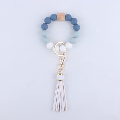 Silicone Beaded Wristlet Keychain with Wooden Beads and Leather Tassel 8cm 11