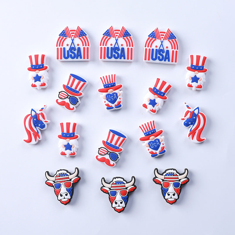 Silicone Focal Beads Independence Day Gnome Unicorn USA Twin Flags 20pcs 2
