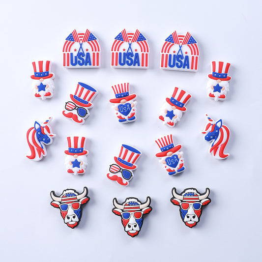 Silicone Focal Beads Independence Day Gnome Unicorn USA Twin Flags 20pcs 2