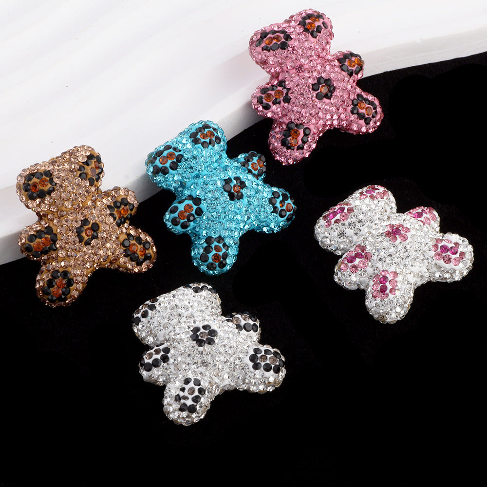 Polymer Clay Bear Rhinestone Beads 30mm Leopard Print Chunky 6pcs