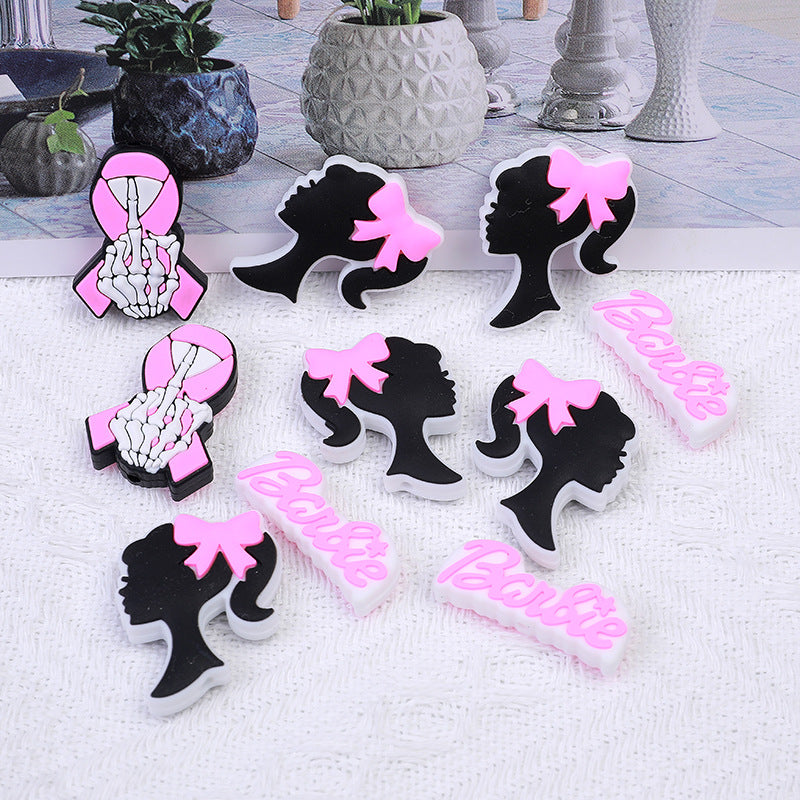 Silicone Focal Beads Barbie Pink Ponytail Circle Badge 20pcs 5