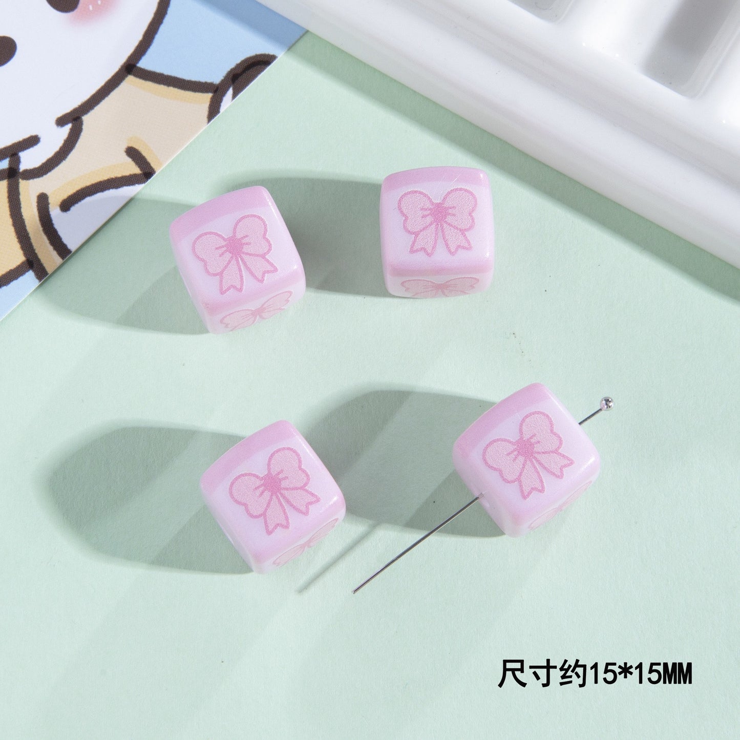 Printed Acrylic Square Beads 15mm Sanrio Pastel Colors 10pcs 15