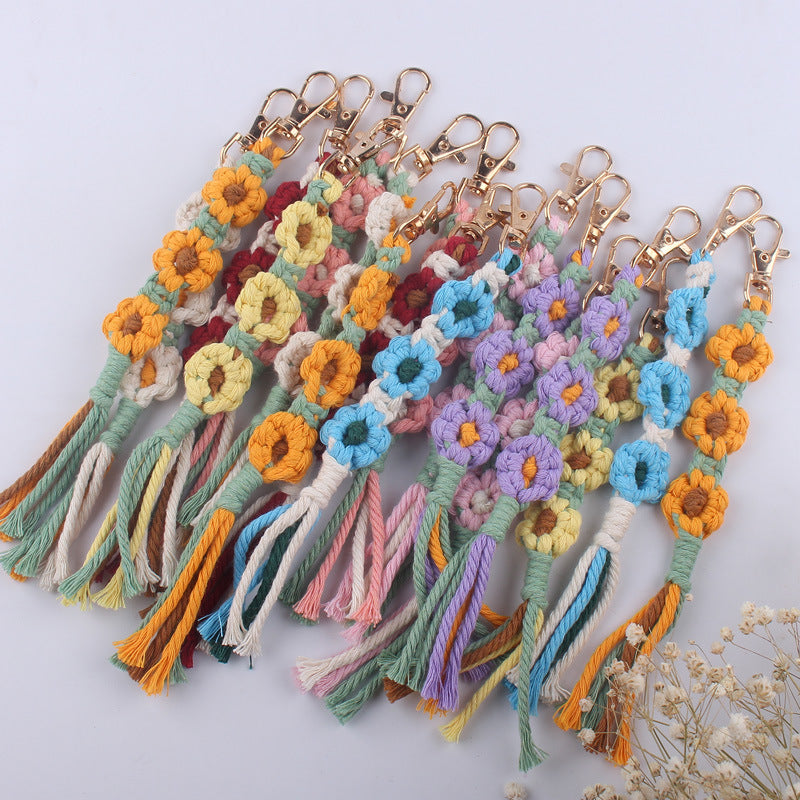 Handmade Woven Flower Keychain Cotton Polyester Gold Clasp 2