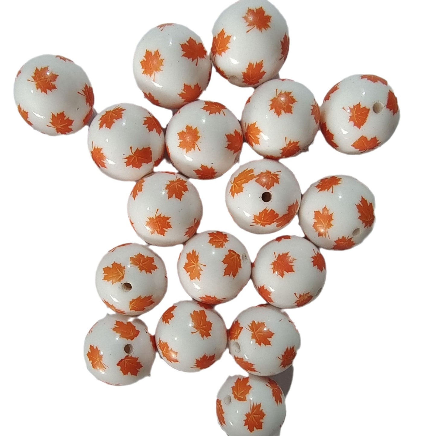 Printed Bubblegum Beads 20mm Orange Maple Leaves Glossy 10pcs 4