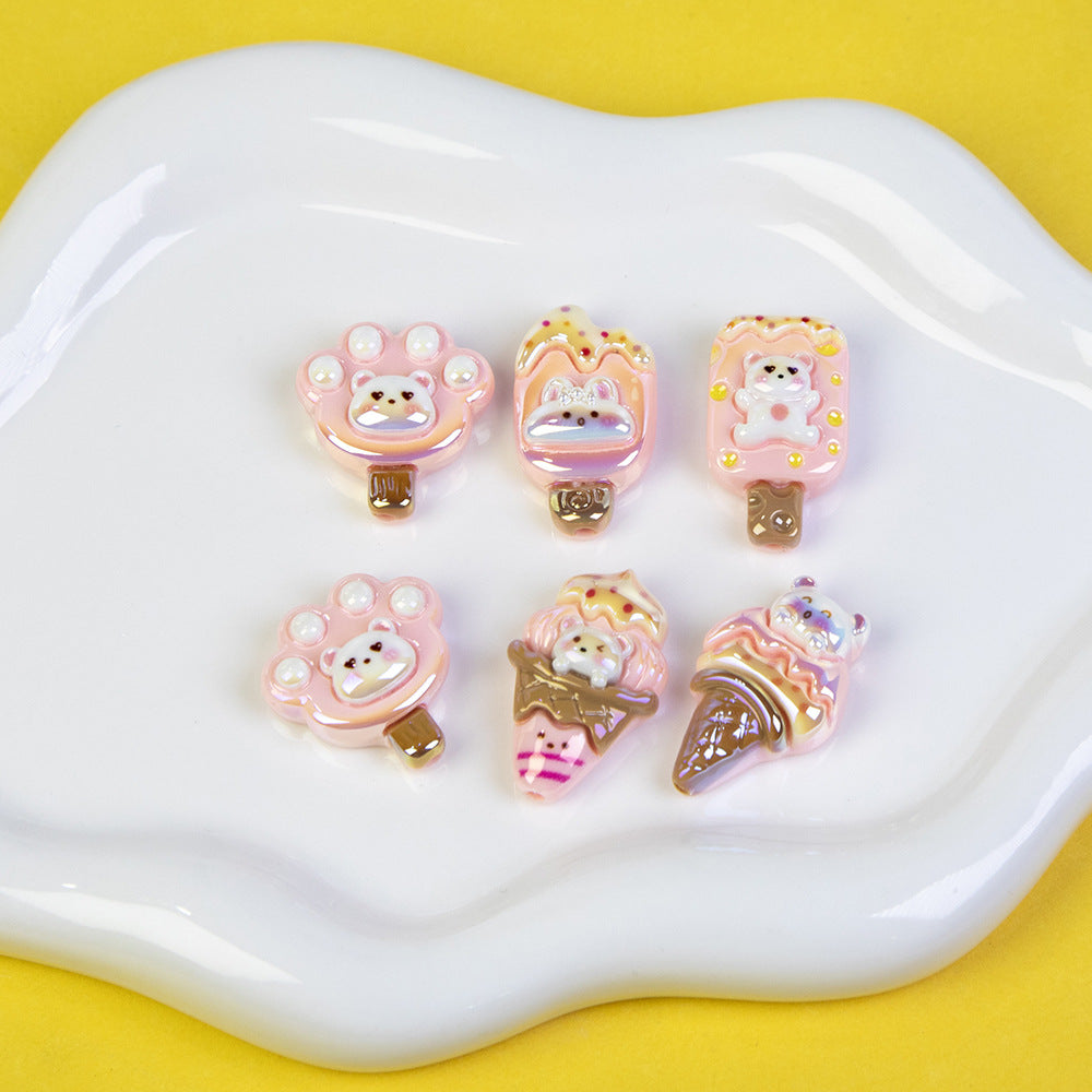 Bear Ice Cream Series Resin Beads Glossy Pastel Pink 20pcs